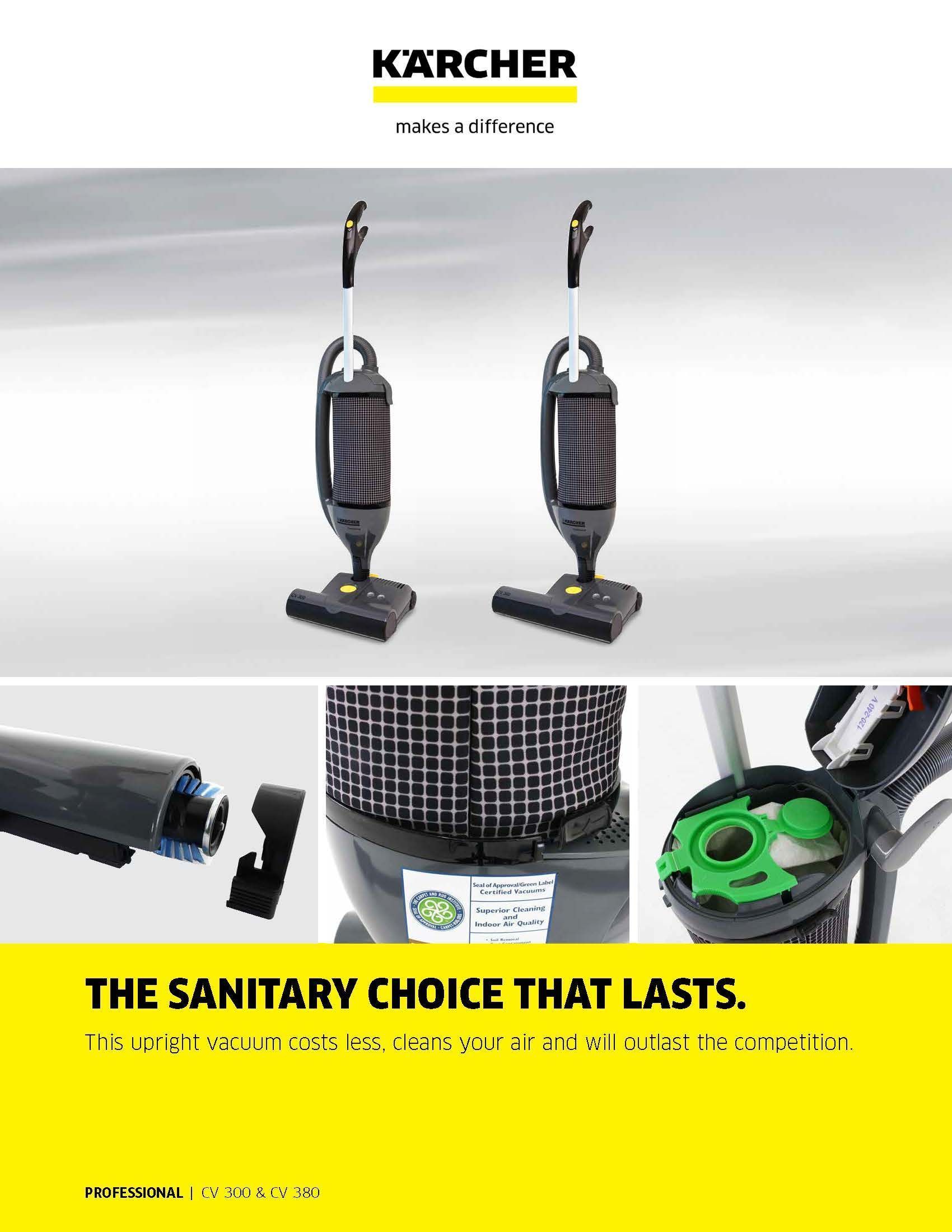 Kärcher upright vacuum cleaners and attachments on white background with yellow banner slogan