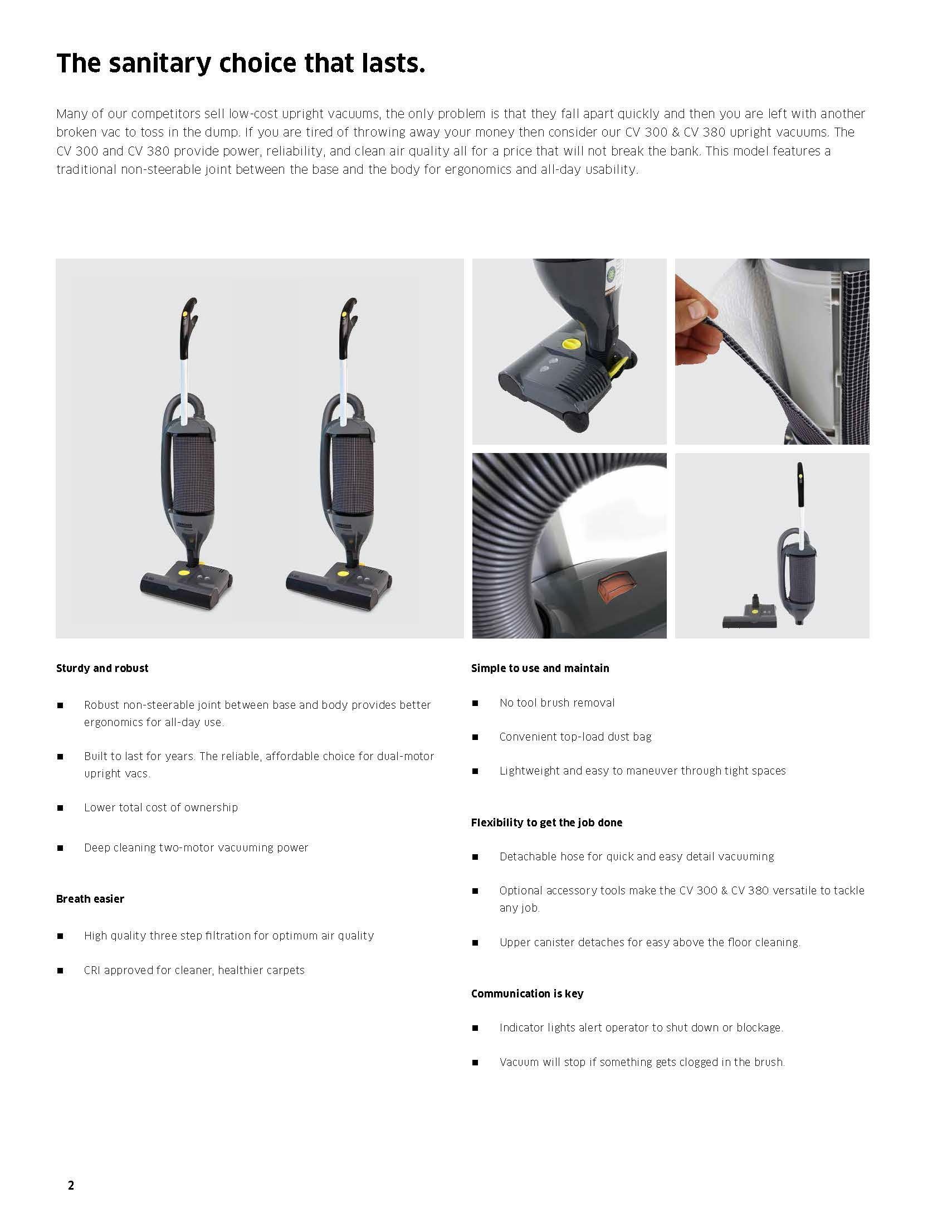 Vacuum cleaner product brochure with black and gray cordless vacuum and close-up feature images