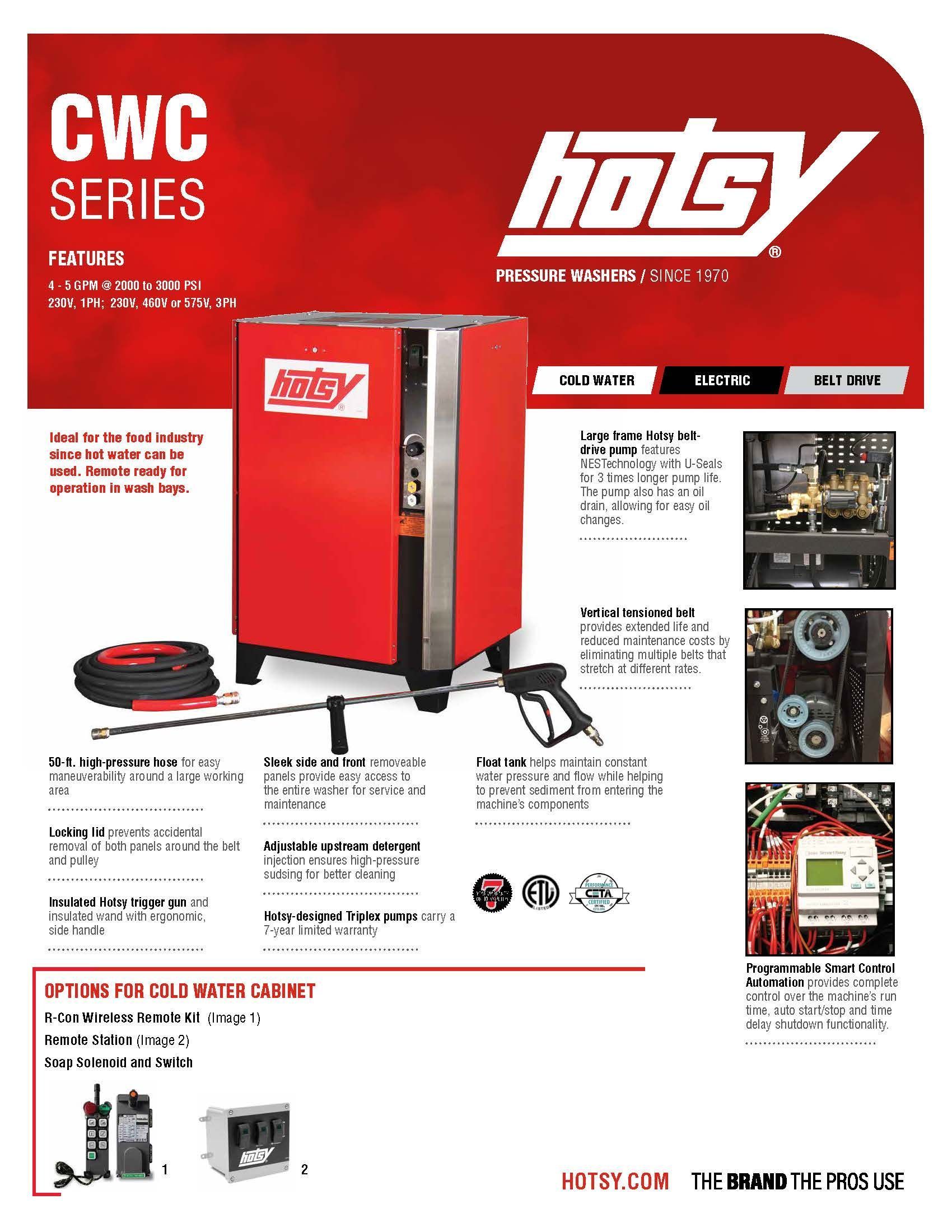 Red Hotsy CWC Series industrial pressure washer with red cabinet and product features layout