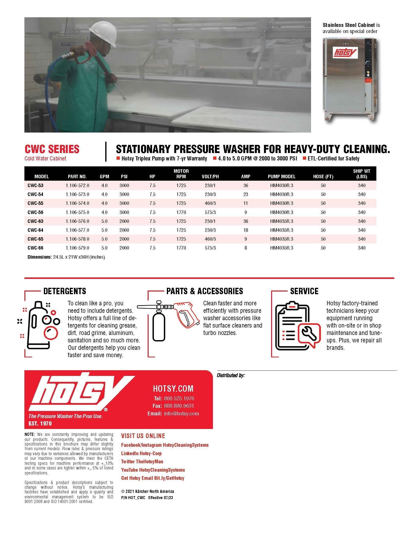 Industrial product brochure for Hotsy CWC series stationary pressure washer, with specs table and worker washing equipment