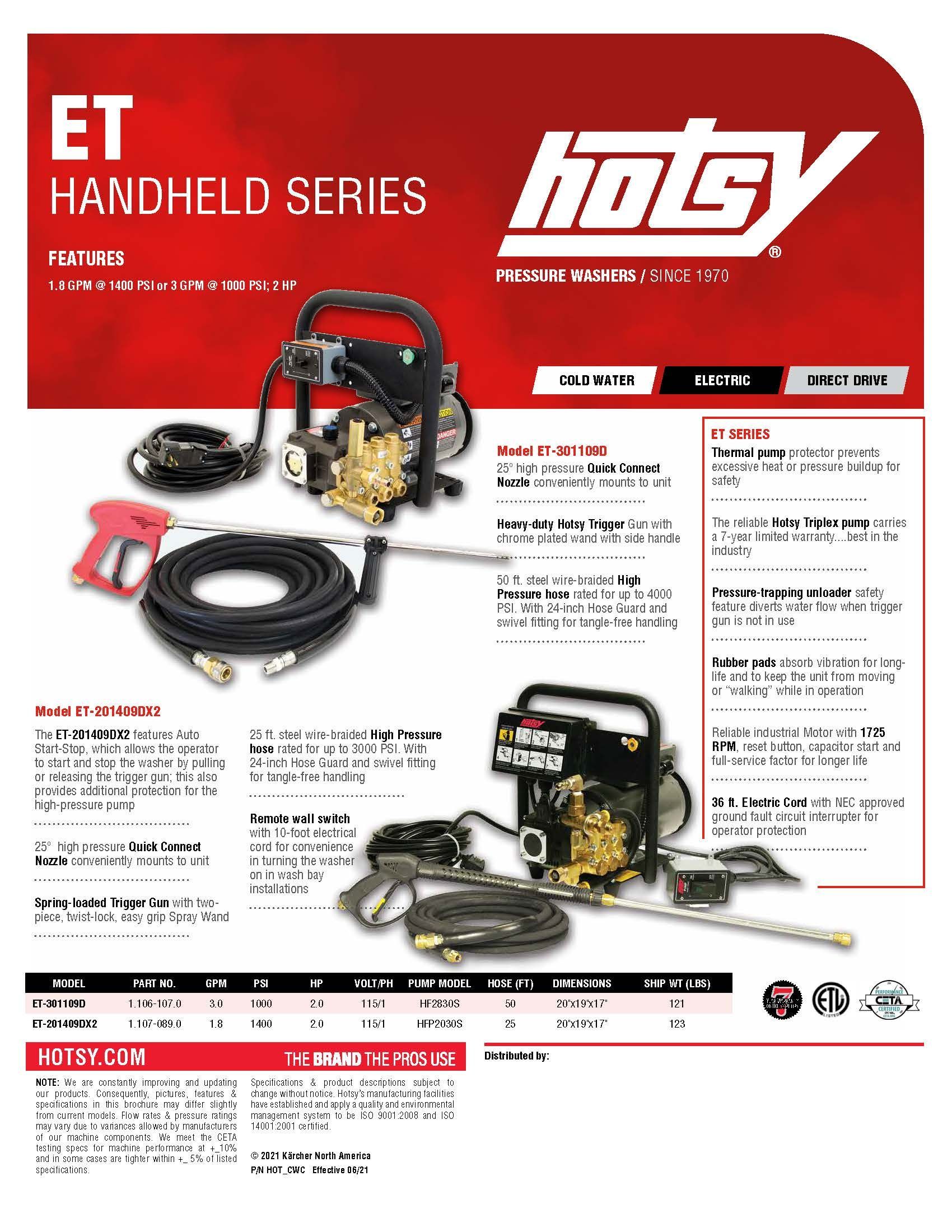 Hotsy ET handheld series pressure washer product brochure with red header and equipment photos