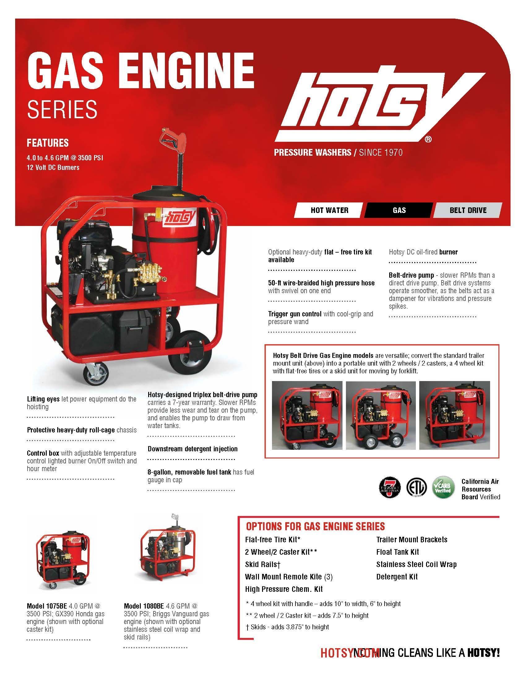 Red gas engine series catalog page with a red wheeled generator and product photos