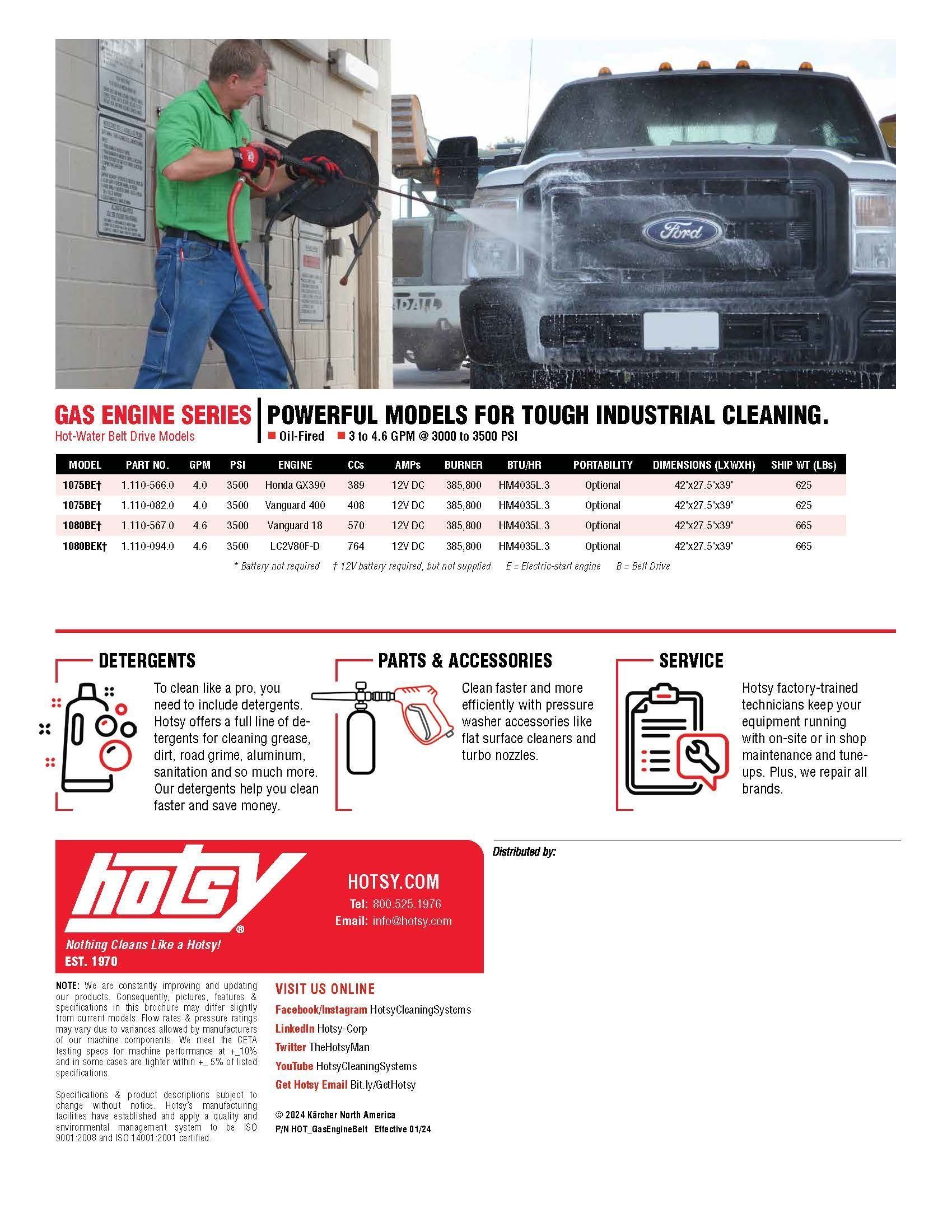Hotsy power washer ad showing a worker washing a truck with mist and product features below