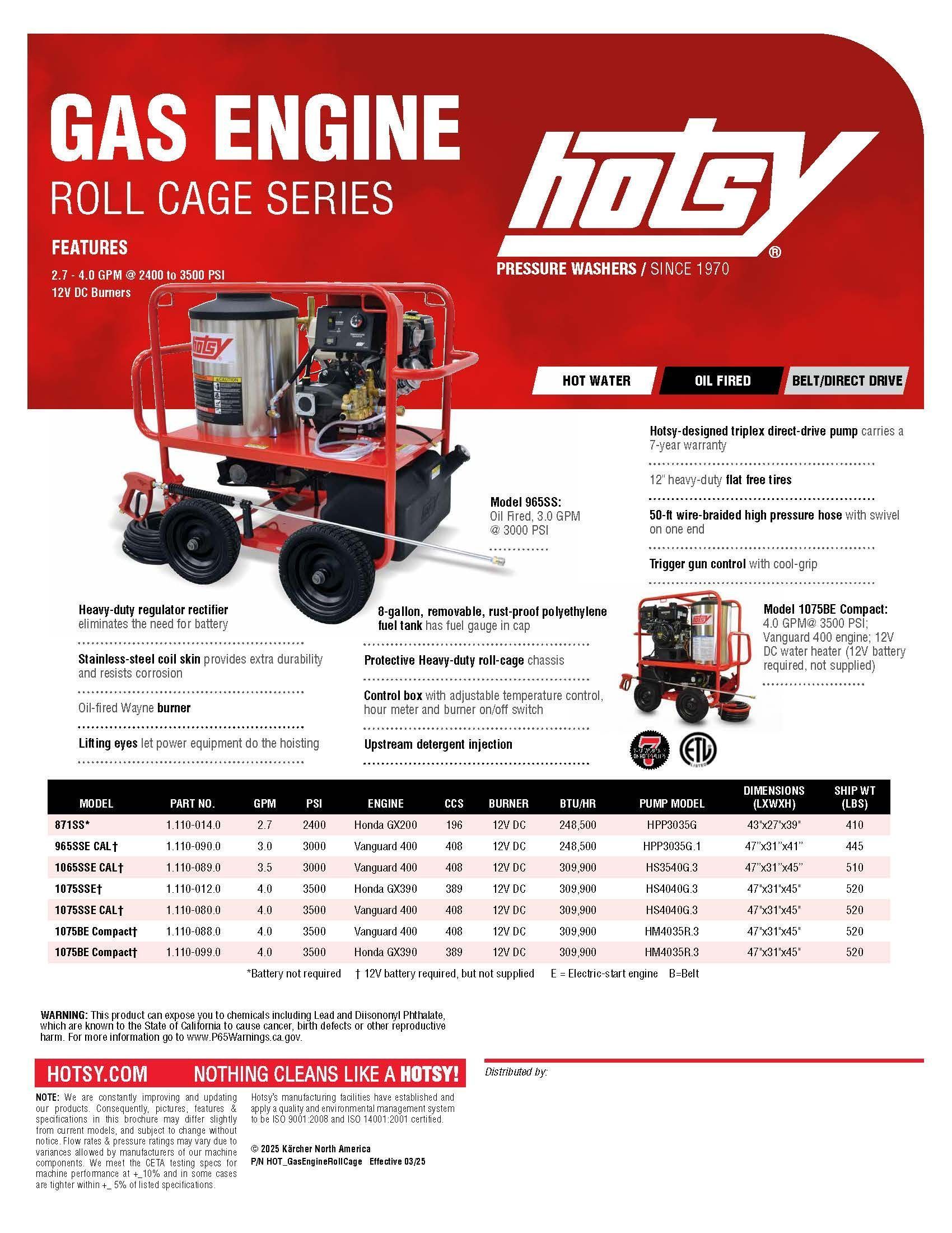 Hotsy gas engine roll cage series flyer with red pressure washer machine and specs chart