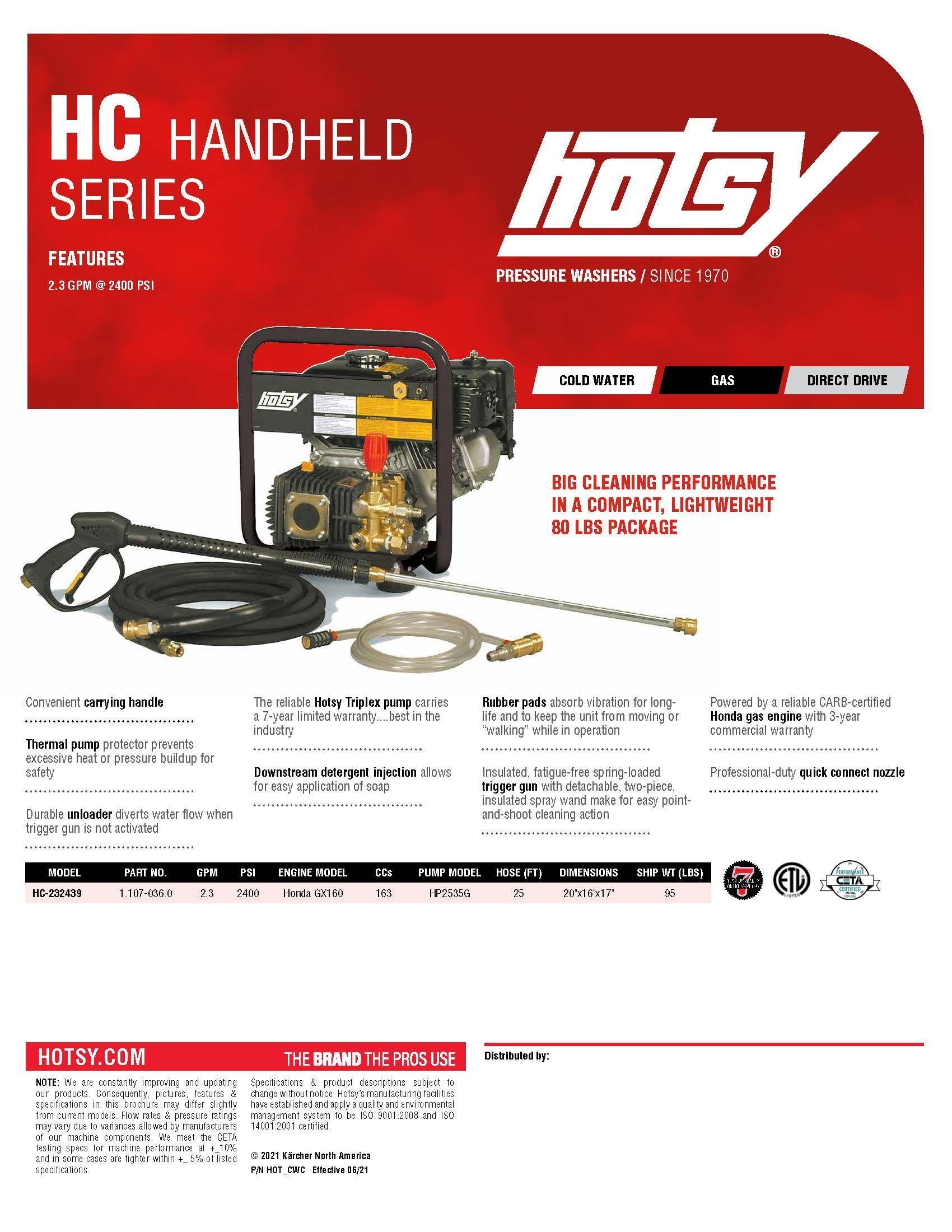 Handheld series Hotsy pressure washer flyer with red header, machine photo, and product details