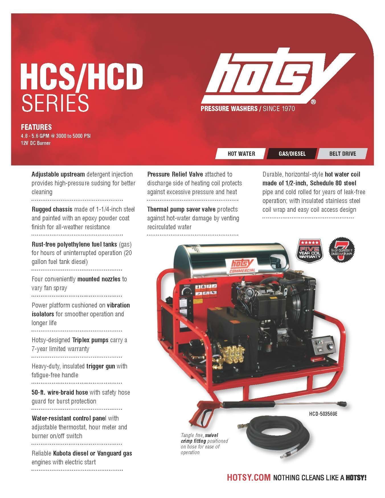 Red Hotsy HCS/HCD series pressure washer flyer with red unit and hose on white background