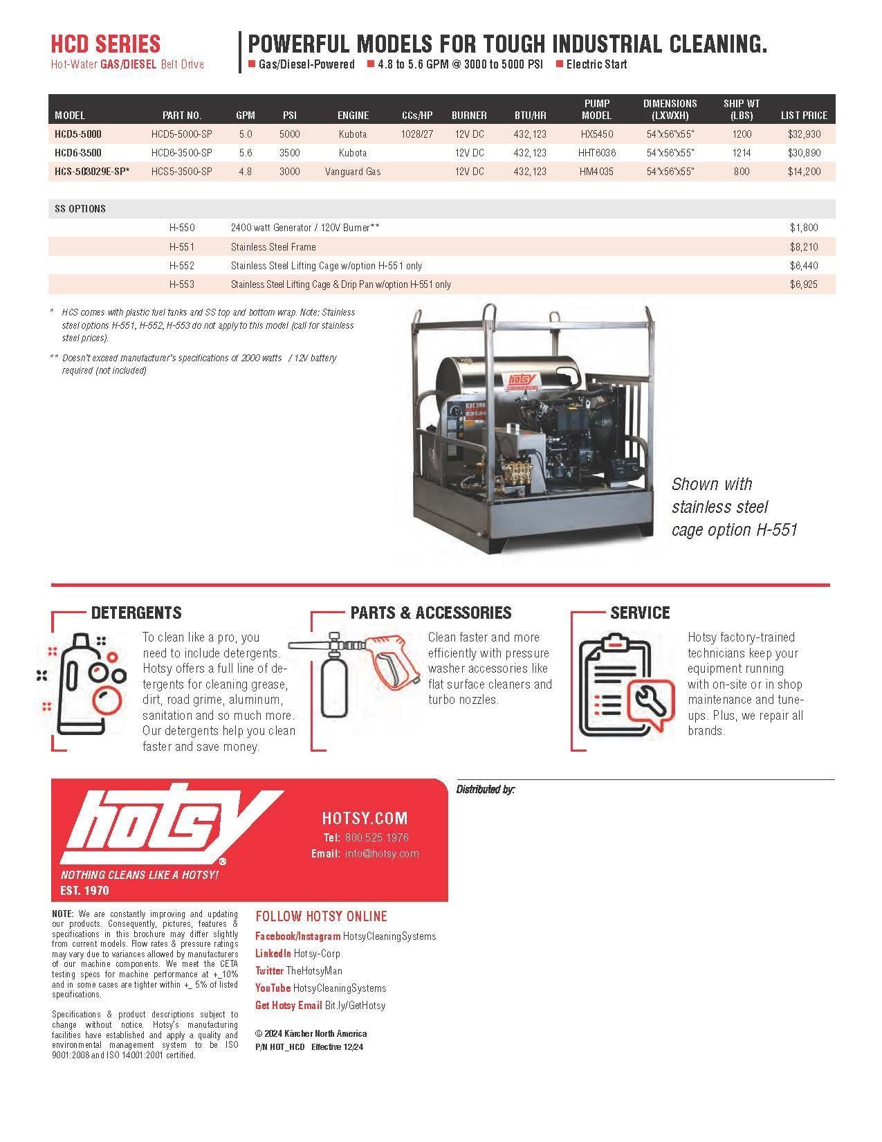 Hoty industrial cleaning machine brochure with specs, product photo, and feature icons on white background
