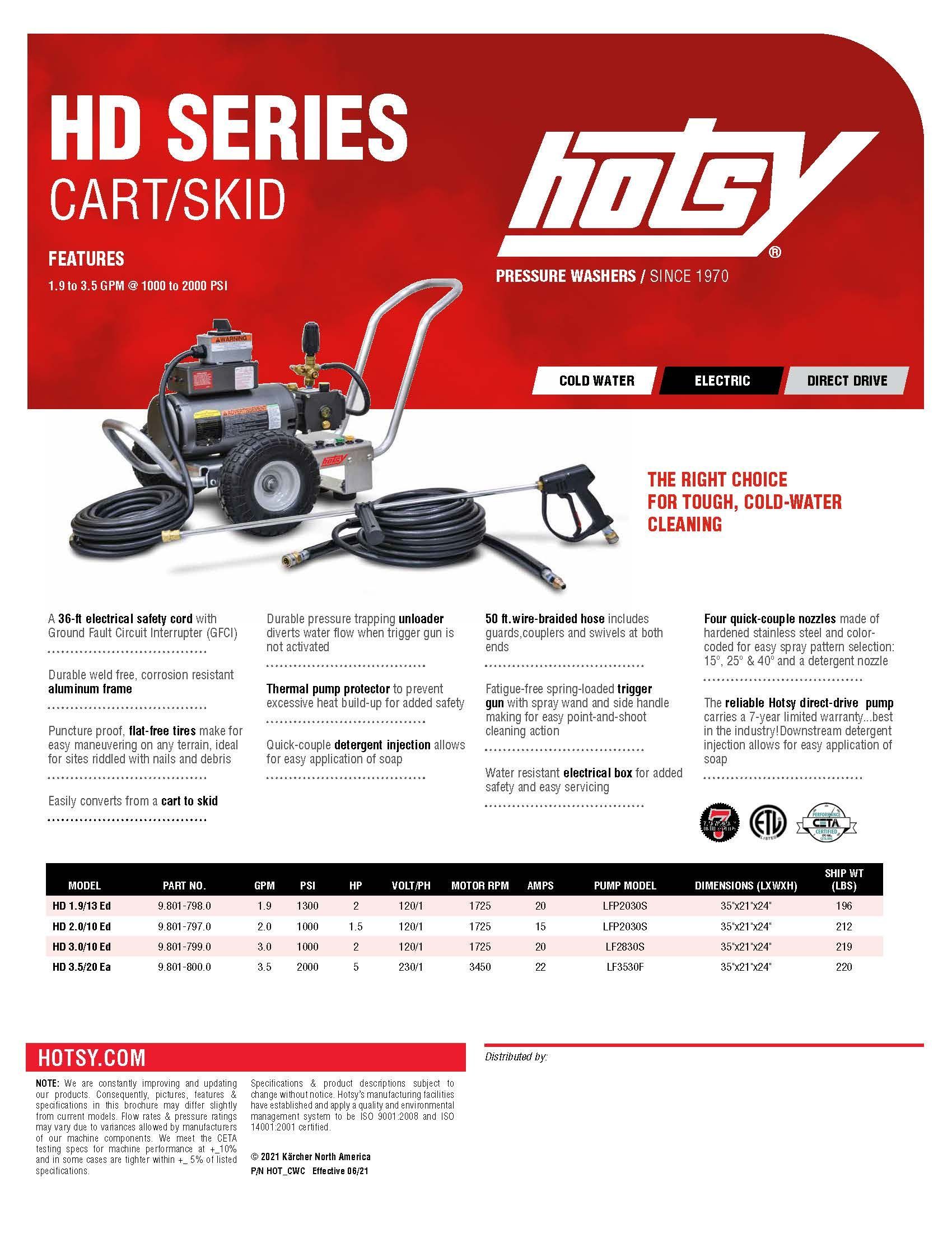 Hoty HD Series cart/skid brochure with red header, product photo, and specification table