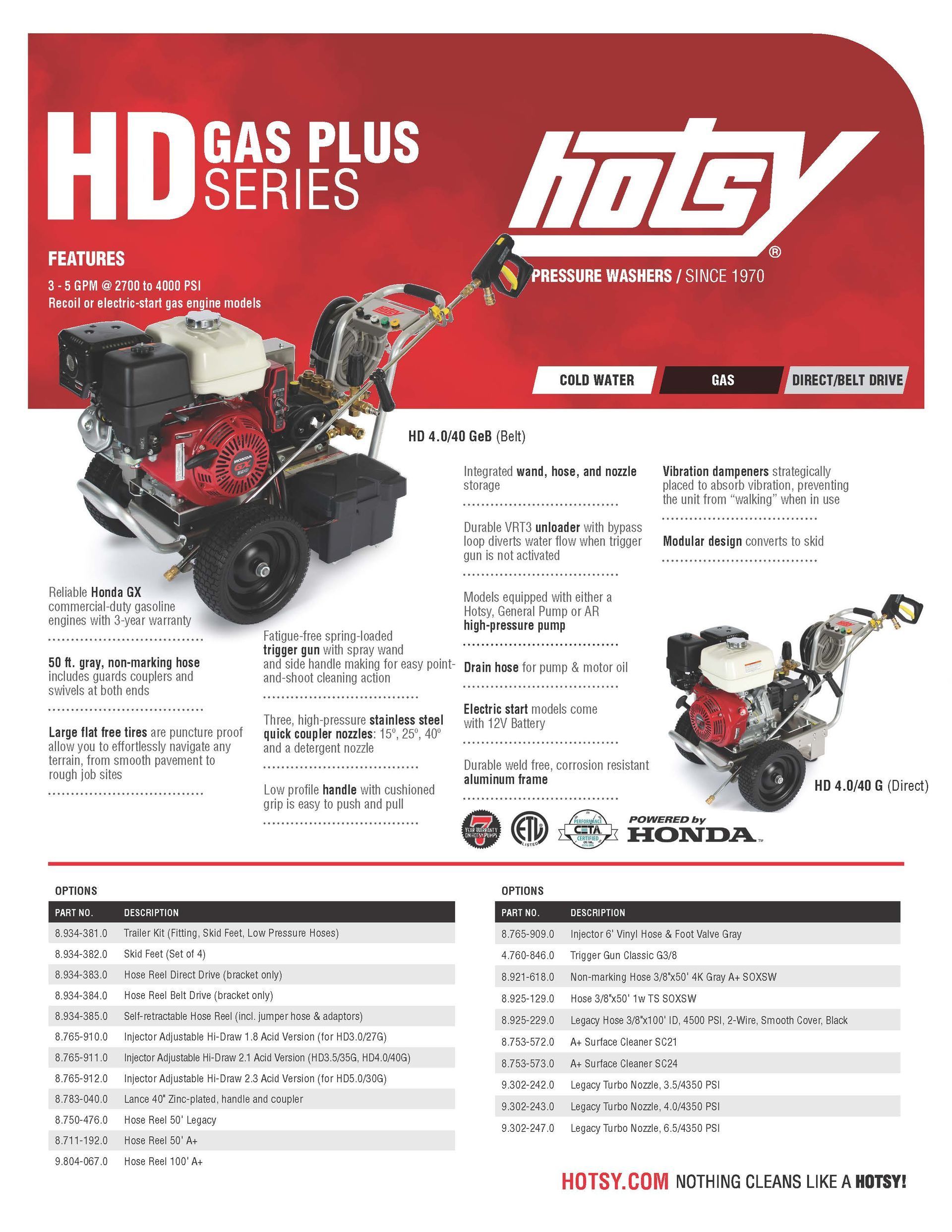 HDS gas plus series product flyer with red and black Honda-powered engine and specs table