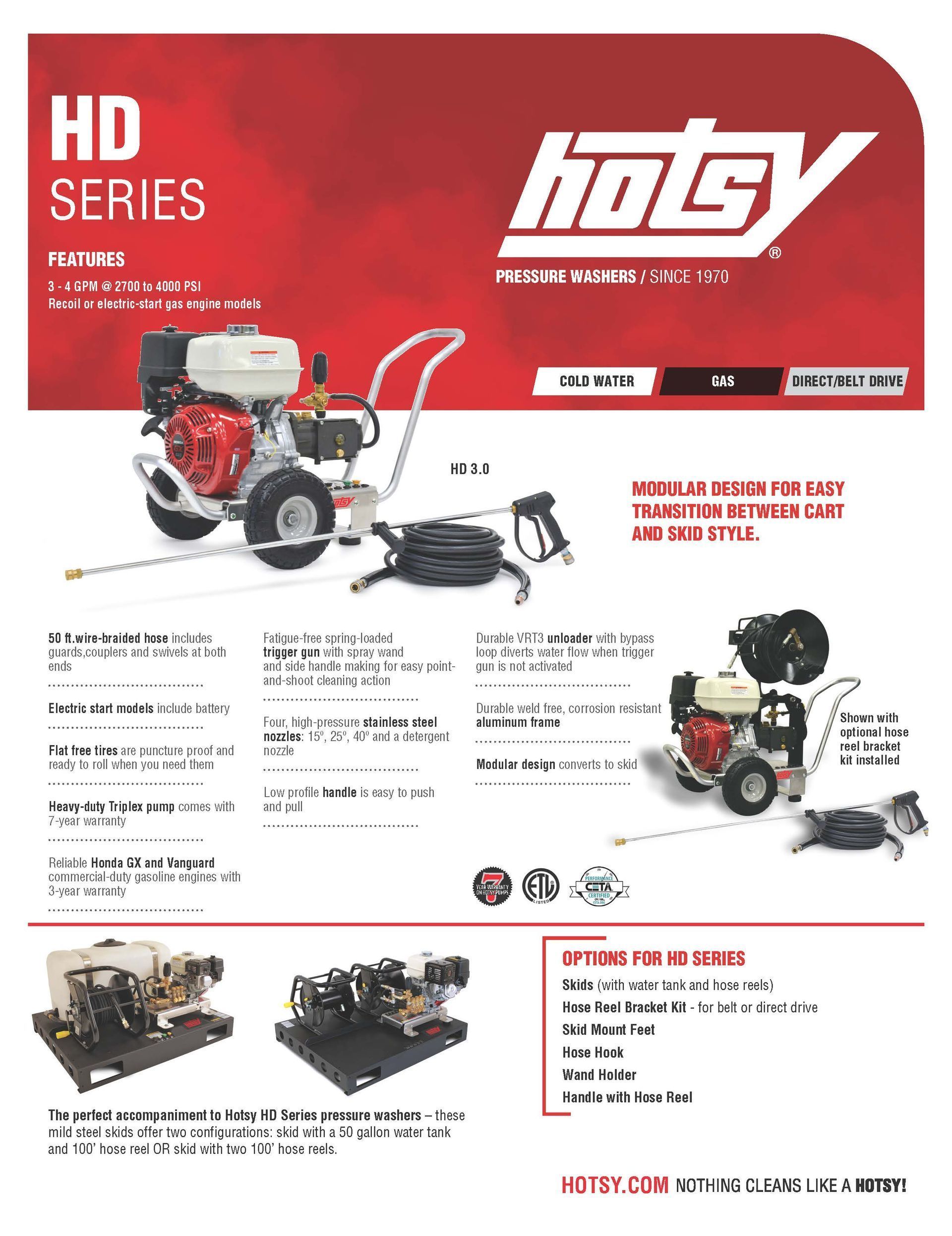 HATSY HD Series red-and-white product brochure showing a garden power unit and attachments