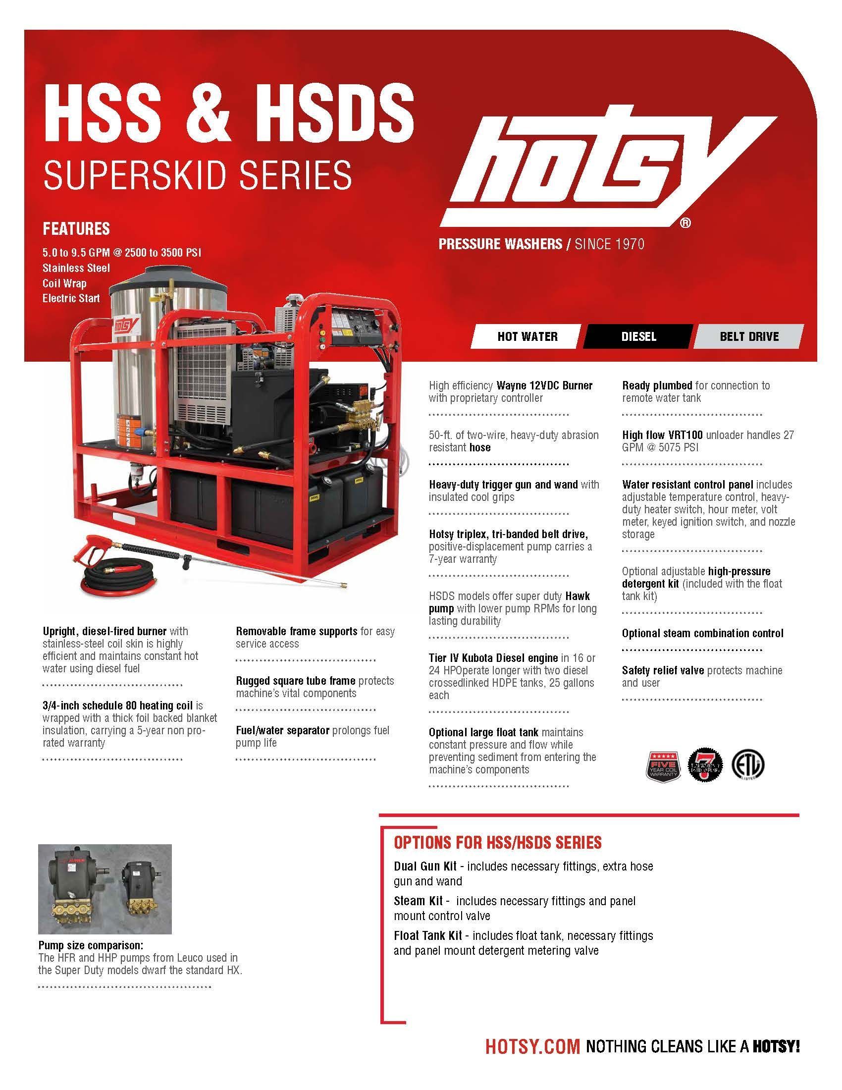 Hotsy HSS & HSDS superskid series brochure with red pressure washer unit and product specs