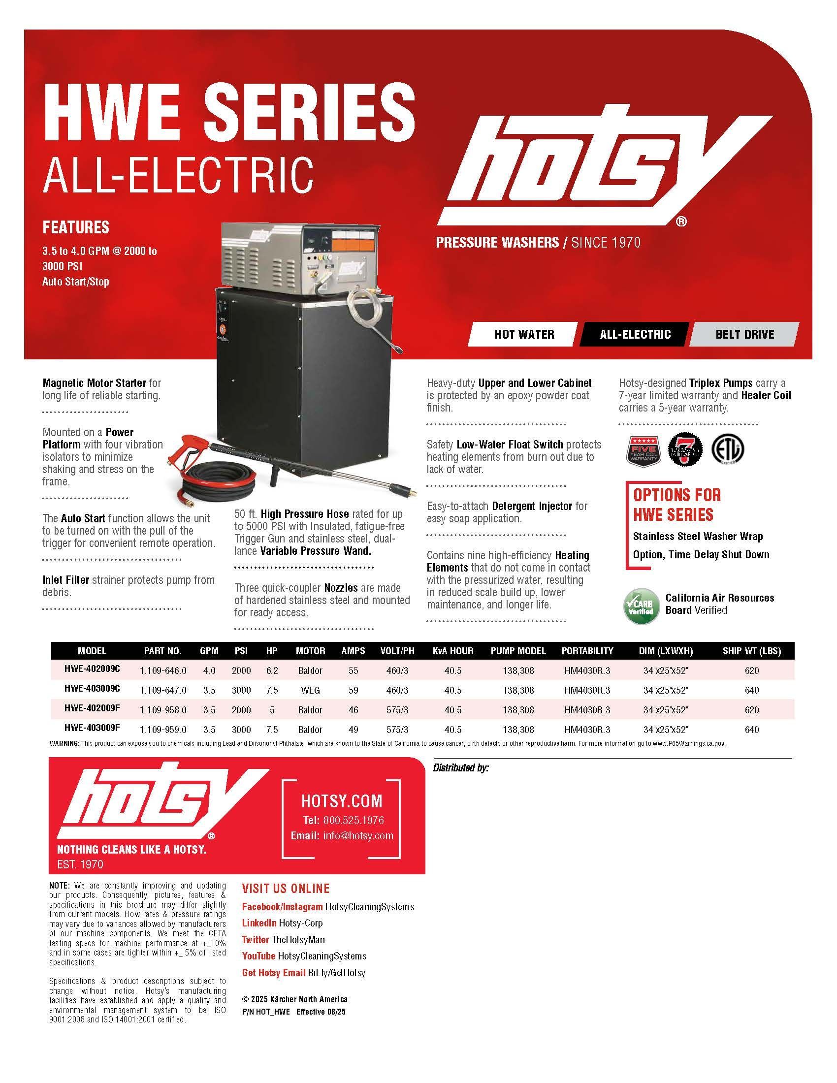 Hotsy HWE Series all-electric pressure washer brochure with red and white layout and product photo