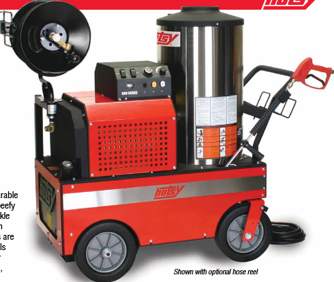 Red mobile industrial heater with hose reel, control panel, and wheels on a white background