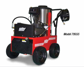 Red four-wheel industrial steam cleaner with hose reel, labeled Model 795SS