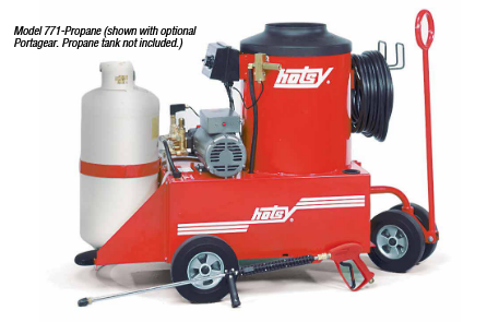 Red industrial pressure washer with hose reel, white tank, and wheels on a white background