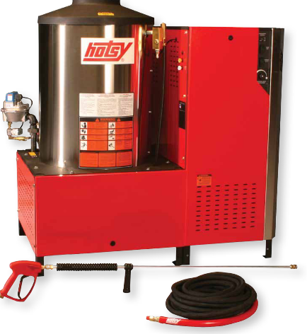 Red HOTSY pressure washer with hose, spray wand, and coil of hose on white background