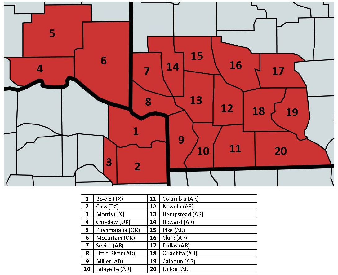 Red map divided into numbered regions with a small legend table beneath it.