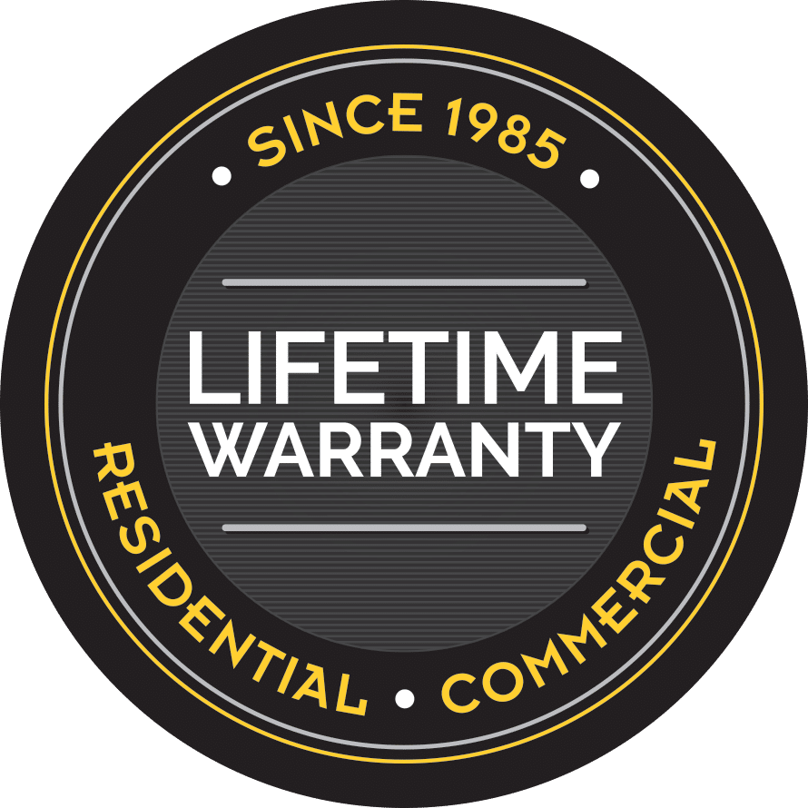 Circular black and gold “Lifetime Warranty” badge with “Since 1985” and “Residential • Commercial” text