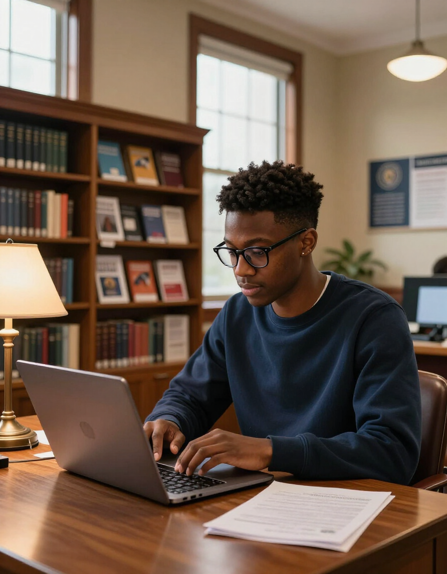 HBCU student applying online in campus library