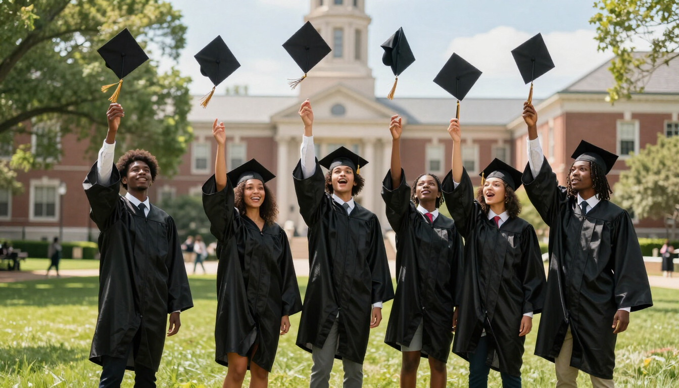 Students celebrating on campus lawn