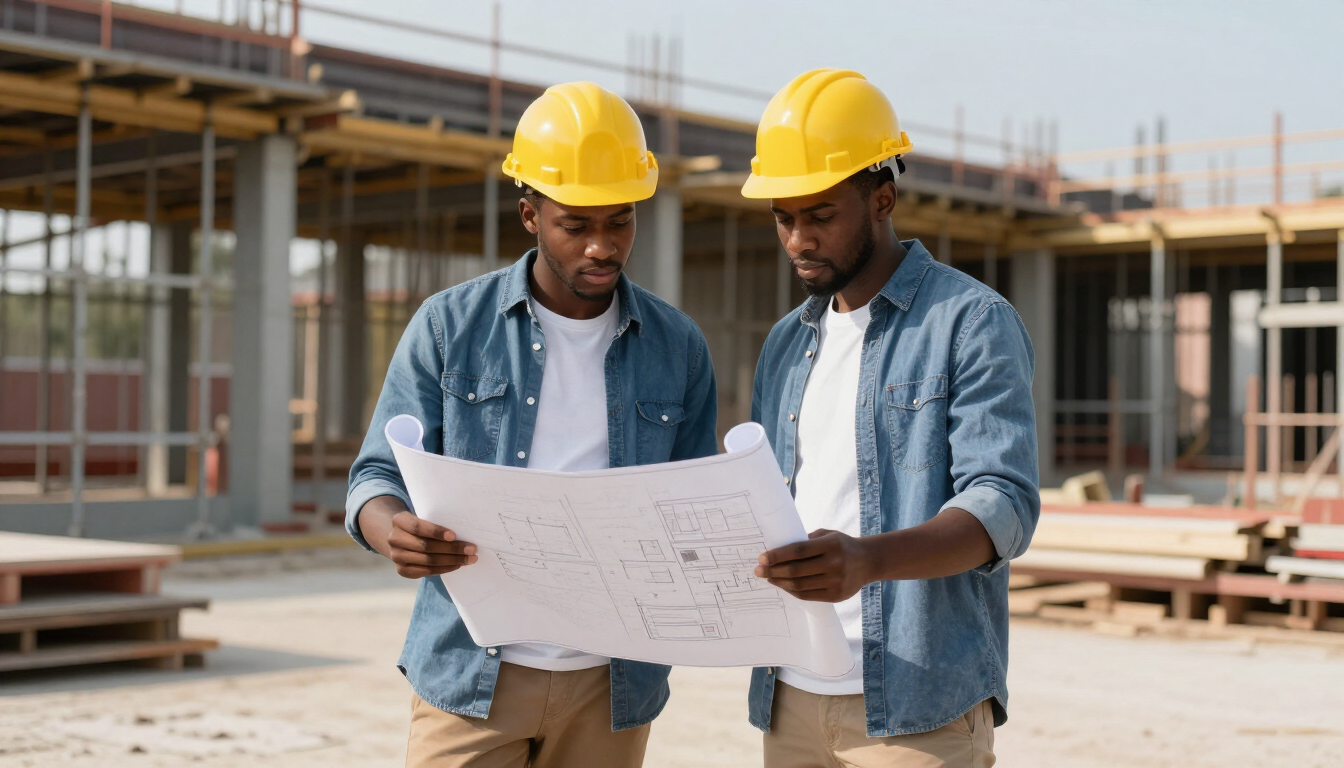 Engineering students reviewing blueprints at construction site