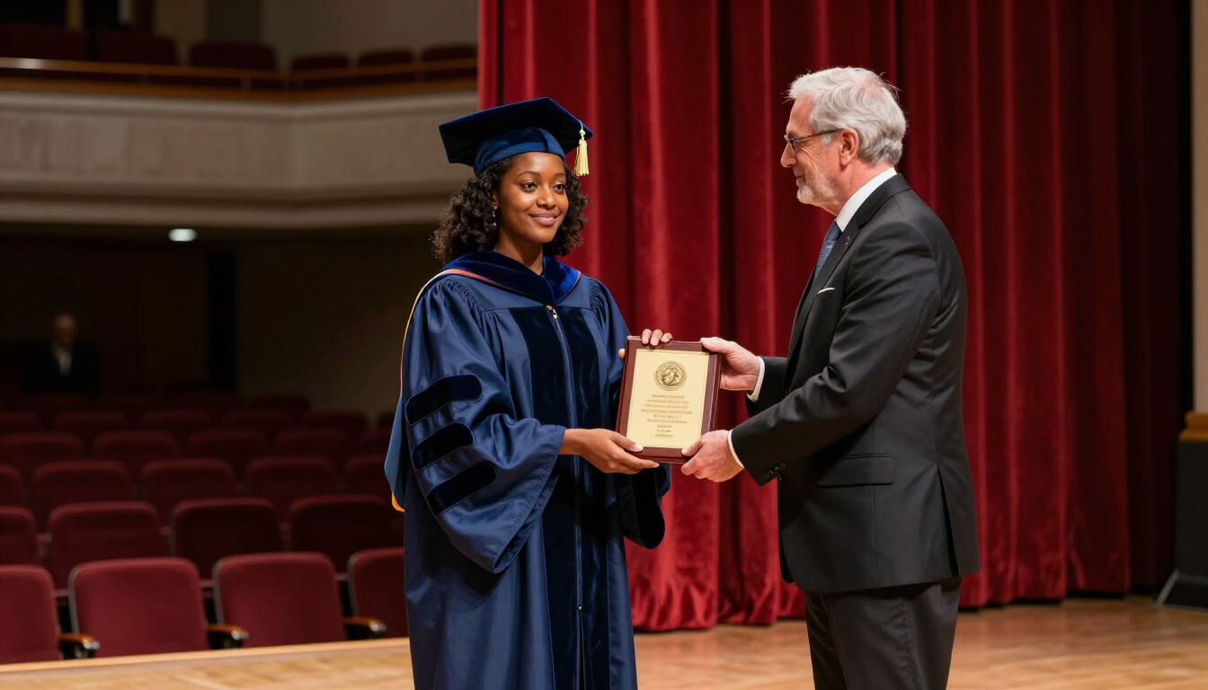 Student receiving academic award on stage