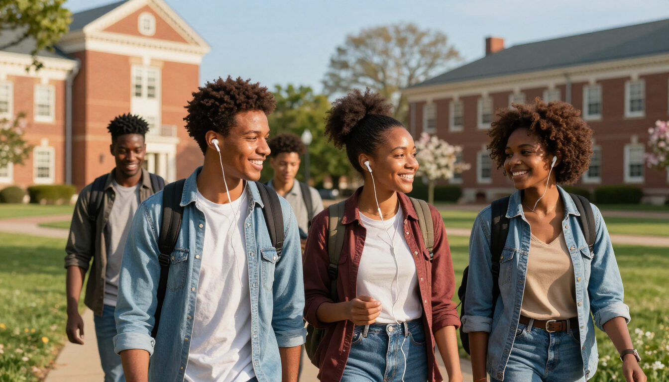 Students sharing earbuds on campus quad