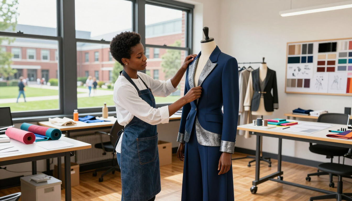 Fashion designer adjusting garment on model