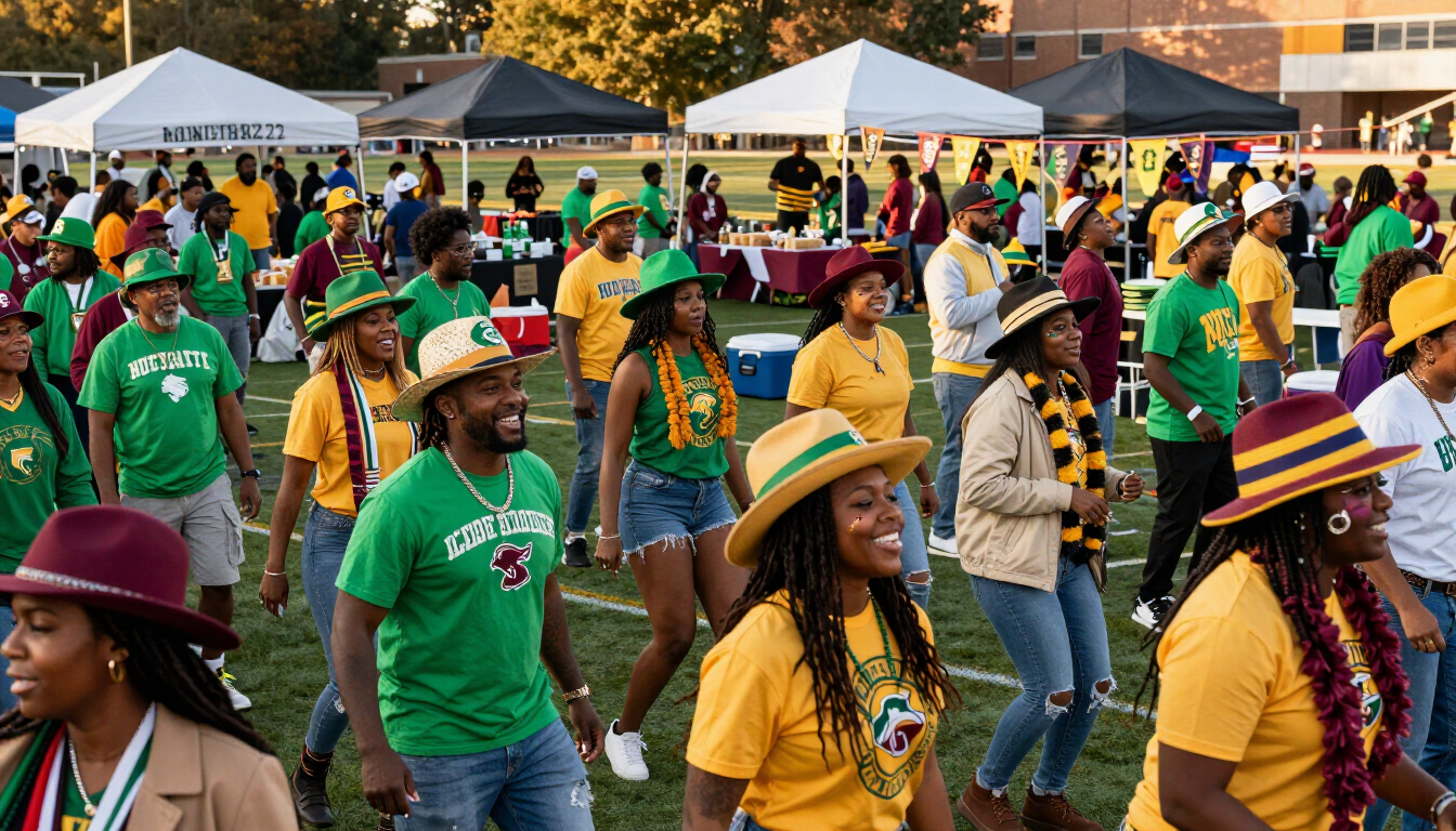 HBCU homecoming crowd in vibrant outfits