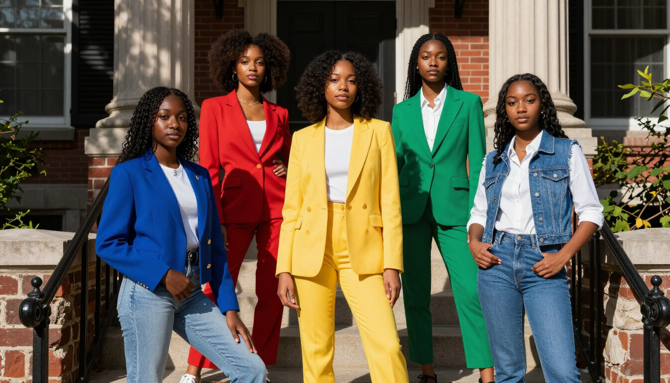 Stylish HBCU students posing on campus steps