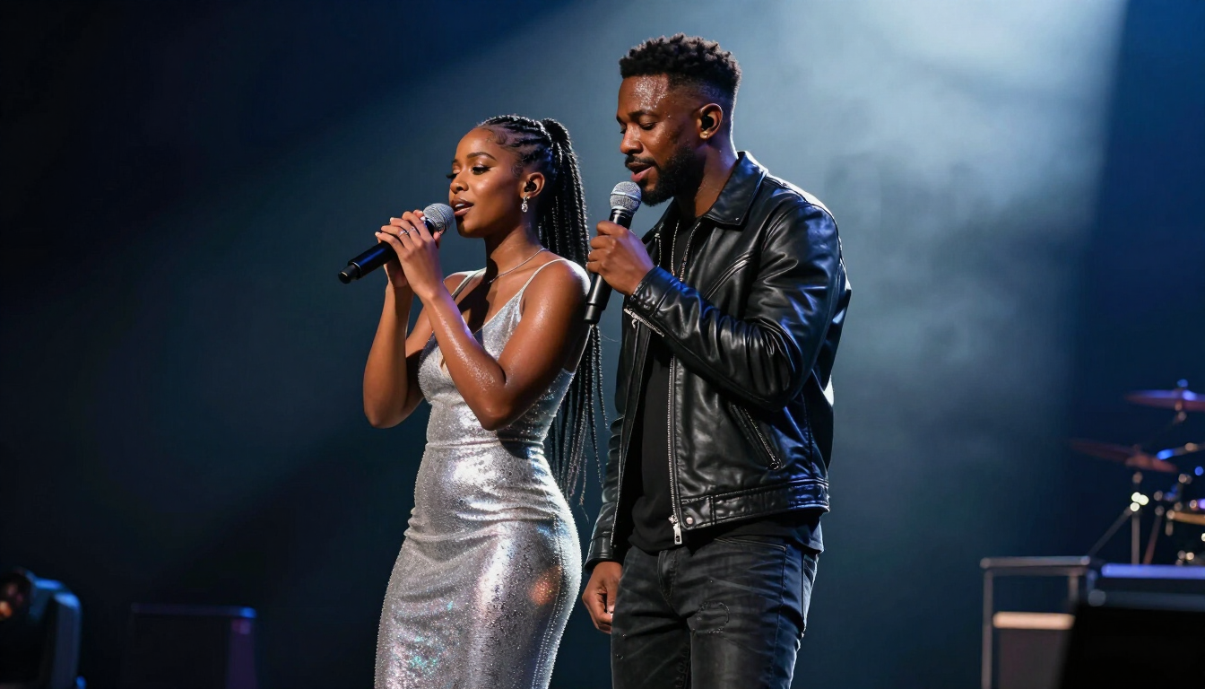 R&B artist performing in spotlight