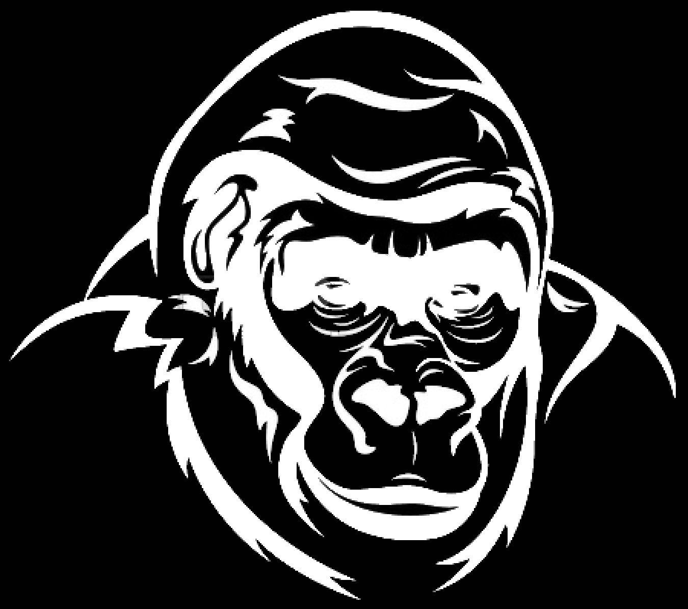 Witte silhouet van een gorillakop tegen een zwarte achtergrond; een gedetailleerde, gestileerde afbeelding.