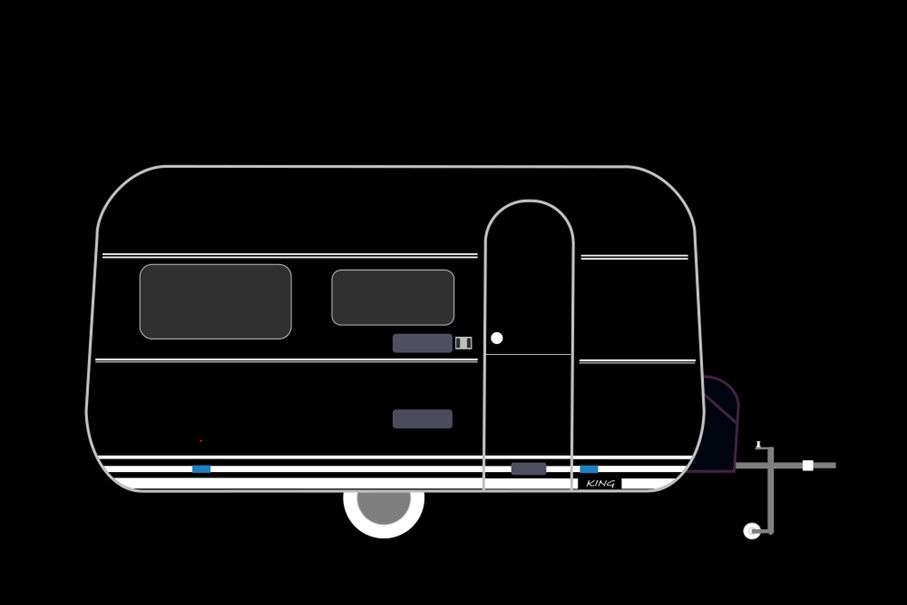 Zwarte caravan met witte accenten, deur, ramen en trekhaak.