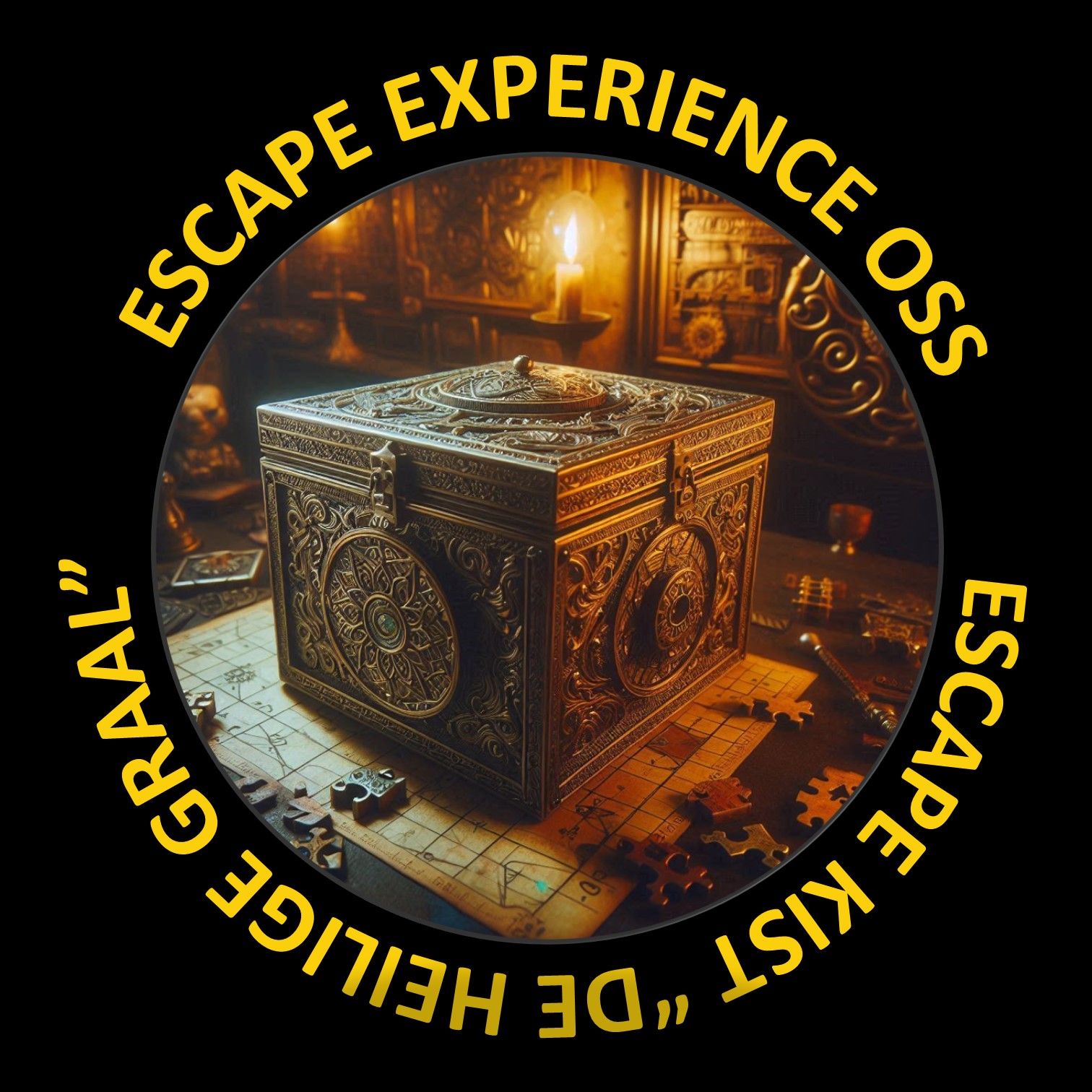 Advertentie voor een escape room: Sierlijke doos op een plattegrond, tekst 