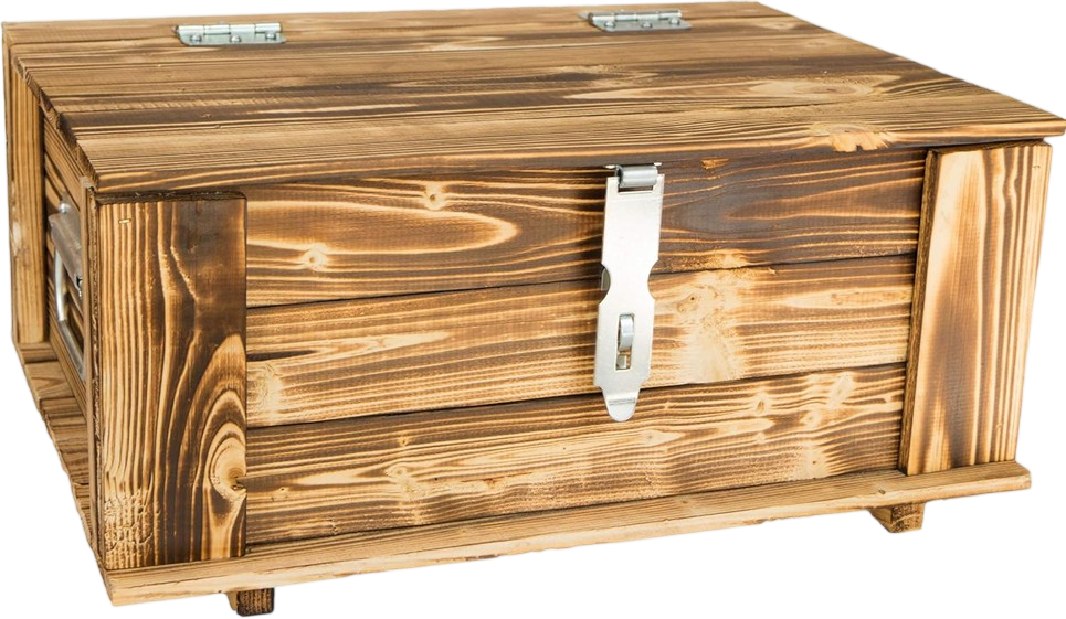 Houten doos met metalen sluiting en scharnieren, bruin gebeitst.