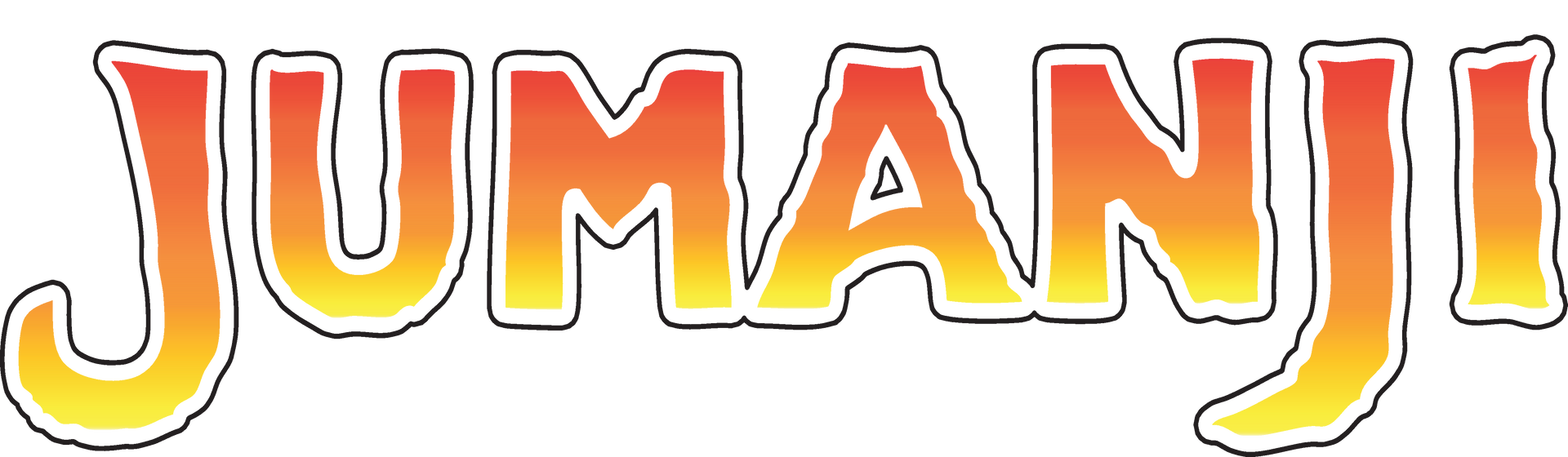 JUMANJI-logo met oranje en gele letters in een kleurverloop, omlijnd met wit.