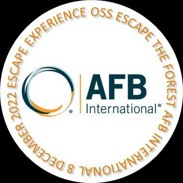 Rond embleem voor AFB International, met de tekst 