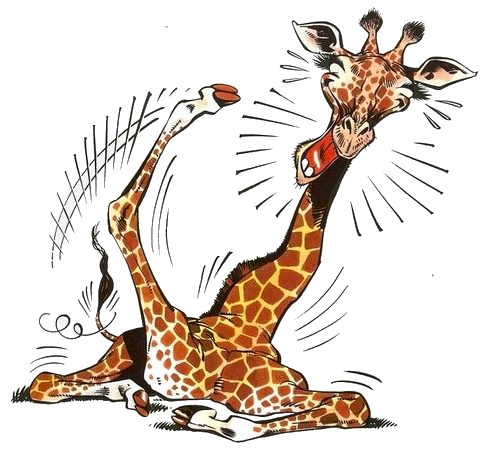 De giraffe lag languit op de grond, schopte met een poot in de lucht en schreeuwde.