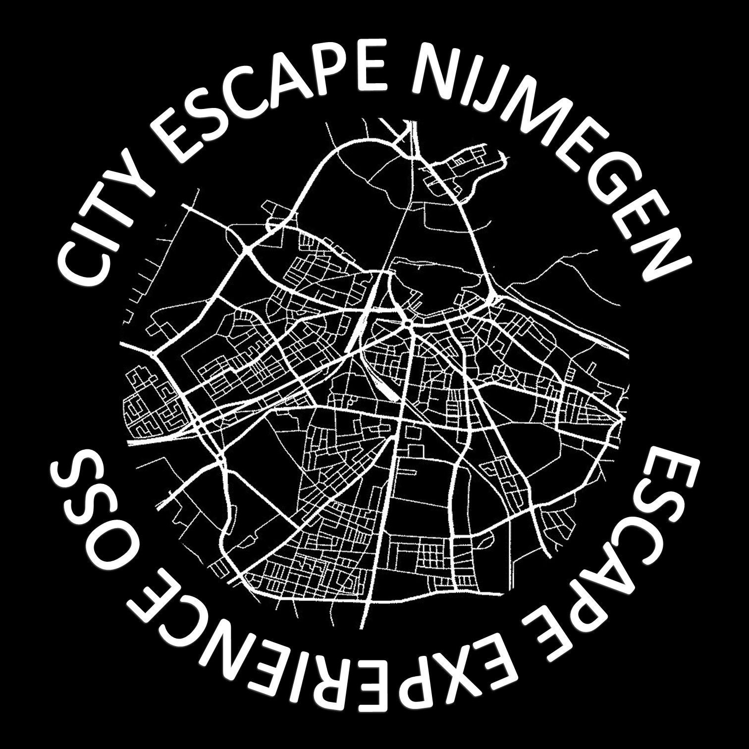 Het logo van City Escape Nijmegen, witte tekst en een stadsplattegrond op een zwarte achtergrond.