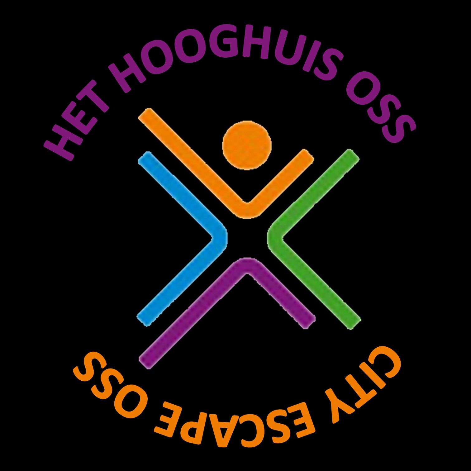 Logo voor Het Hooghuis Oss City Escape. Abstracte figuur met opgeheven armen in oranje, blauw, groen en paars. Paarse tekst boven en onder.