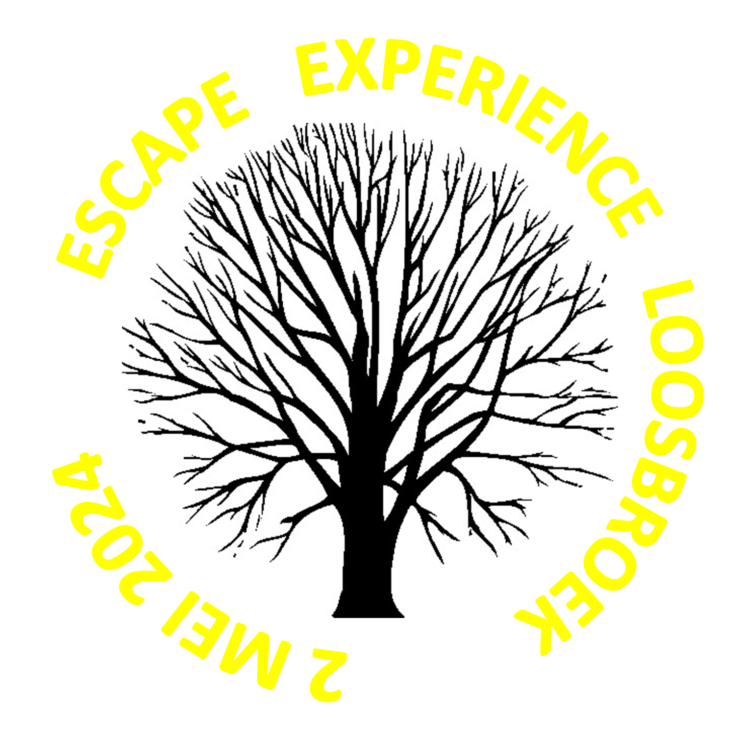 Logo voor Escape Experience Loosbroek: een zwart boomsilhouet omringd door gele tekst: 
