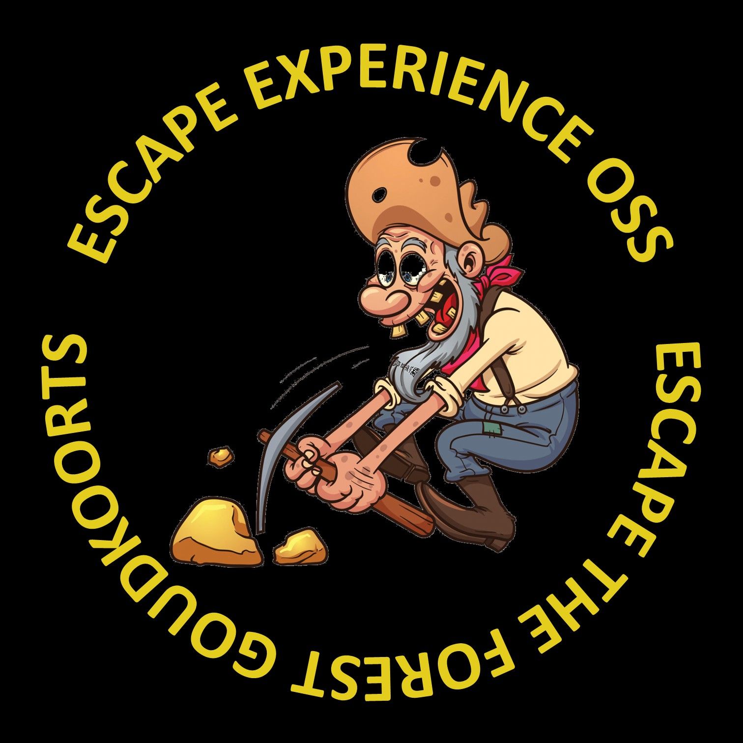 Escape room-logo met een goudzoeker die naar goud graaft. Zwarte achtergrond, gele tekst.