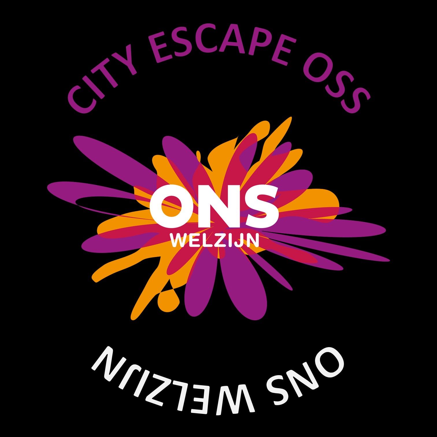 Logo voor City Escape Oss: Paars en oranje met een explosie van kleuren, met daaronder de tekst 