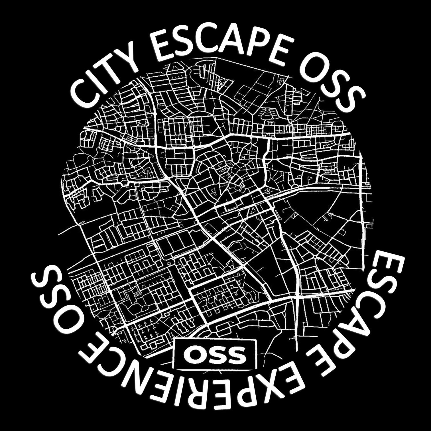Het City Escape OSS-logo met een kaartomtrek. Witte tekst op een zwarte achtergrond:
