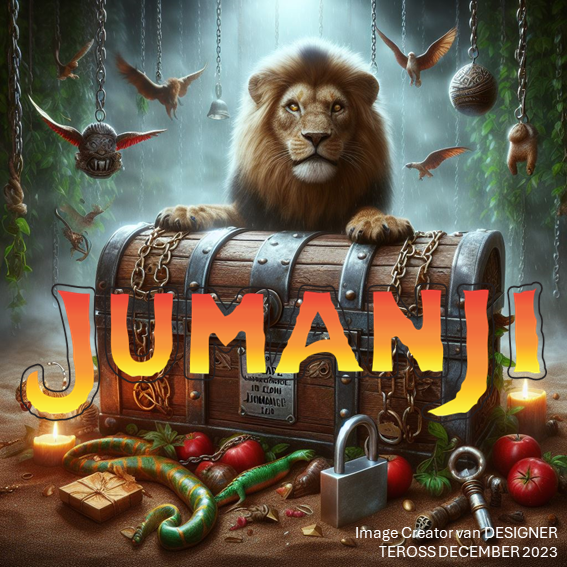 Een leeuw boven een Jumanji-schatkist; een jungle-setting met hangende ornamenten, sleutels, appels en kaarsen.