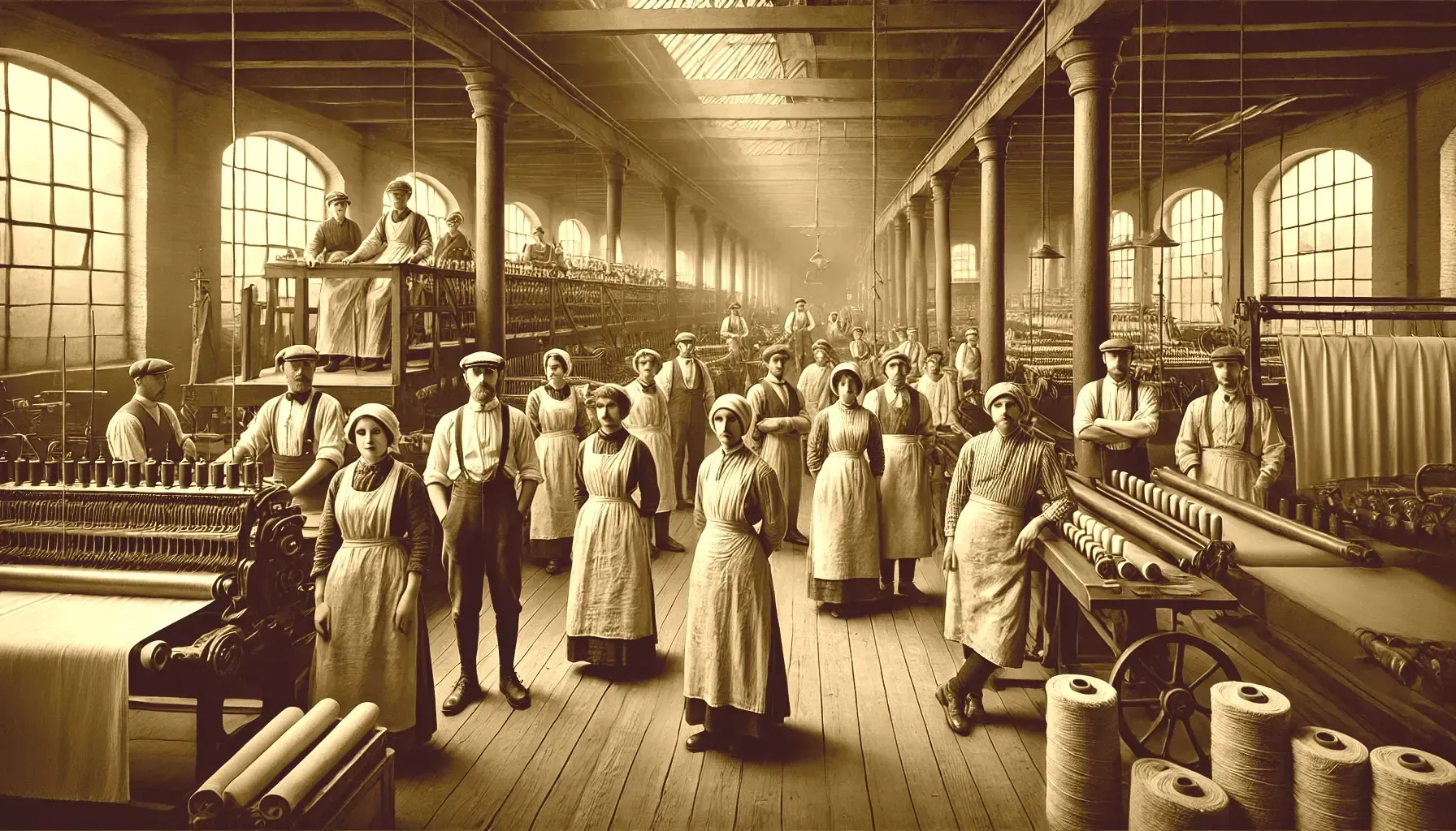 Arbeiders in een grote fabriek met spinmachines, eind 19e eeuw. Mensen staan ​​bij machines in een industrieel gebouw.