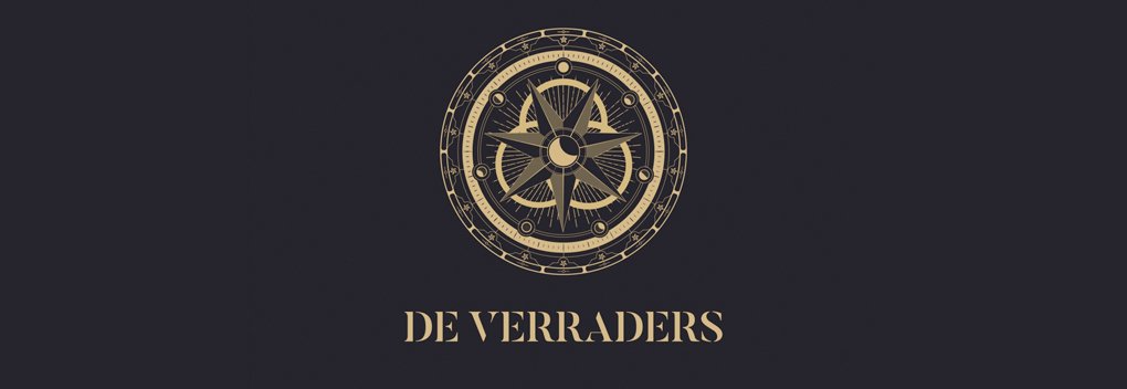 Donkere achtergrond met een goudkleurig kompasachtig embleem en de woorden 