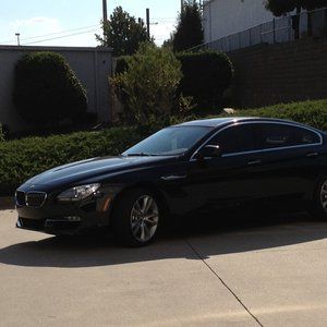 Black sedan parked in a driveway beside trimmed bushes and a fence in bright sunlight