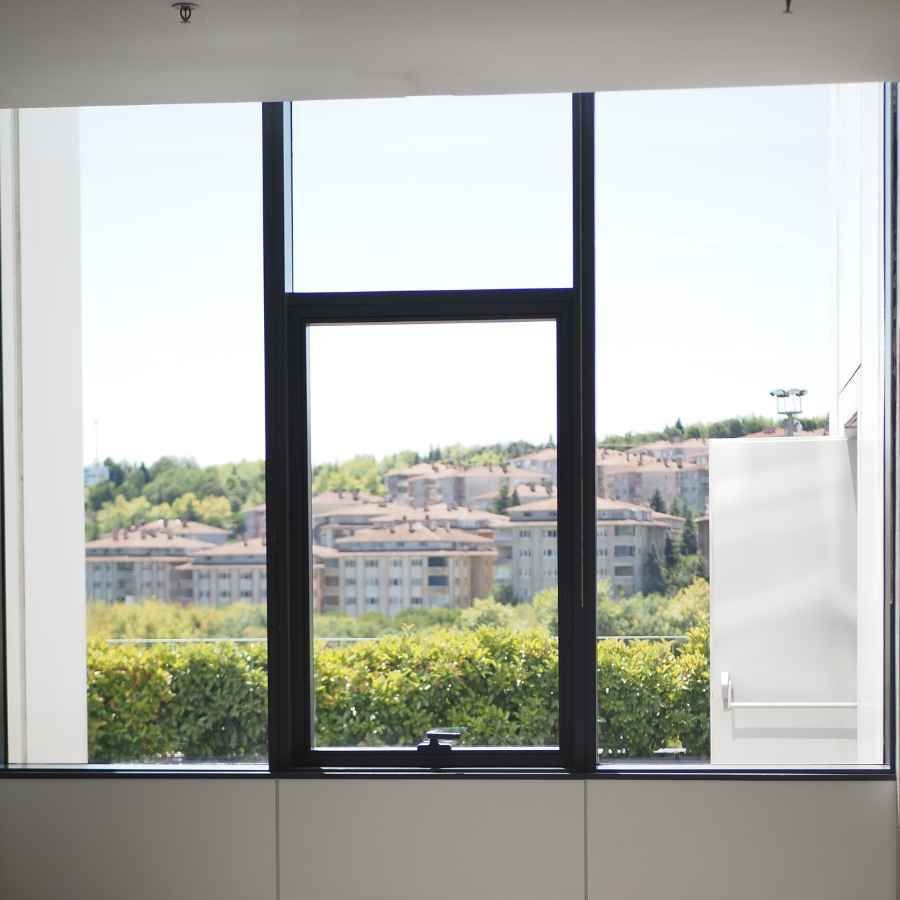 Window view of hills and apartment buildings above green trees, framed by a black window