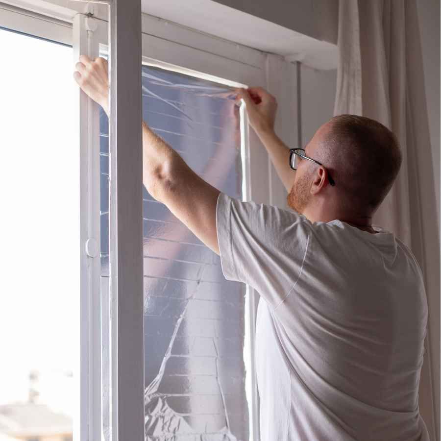 Person installing a transparent window film on a window in a bright room